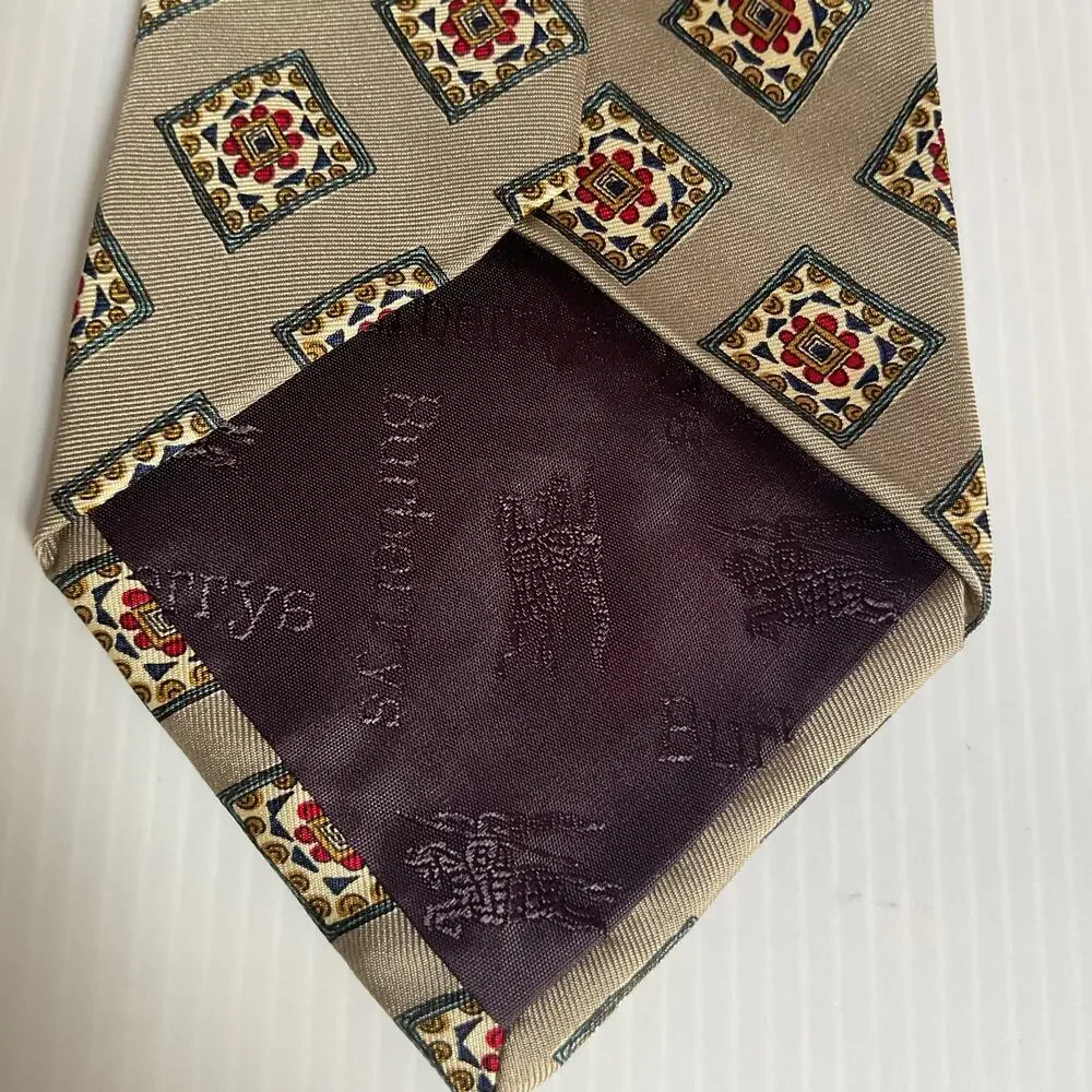 Vintage Burberrys of London Tie 100% Silk Made in USA Beige Geometric Print
